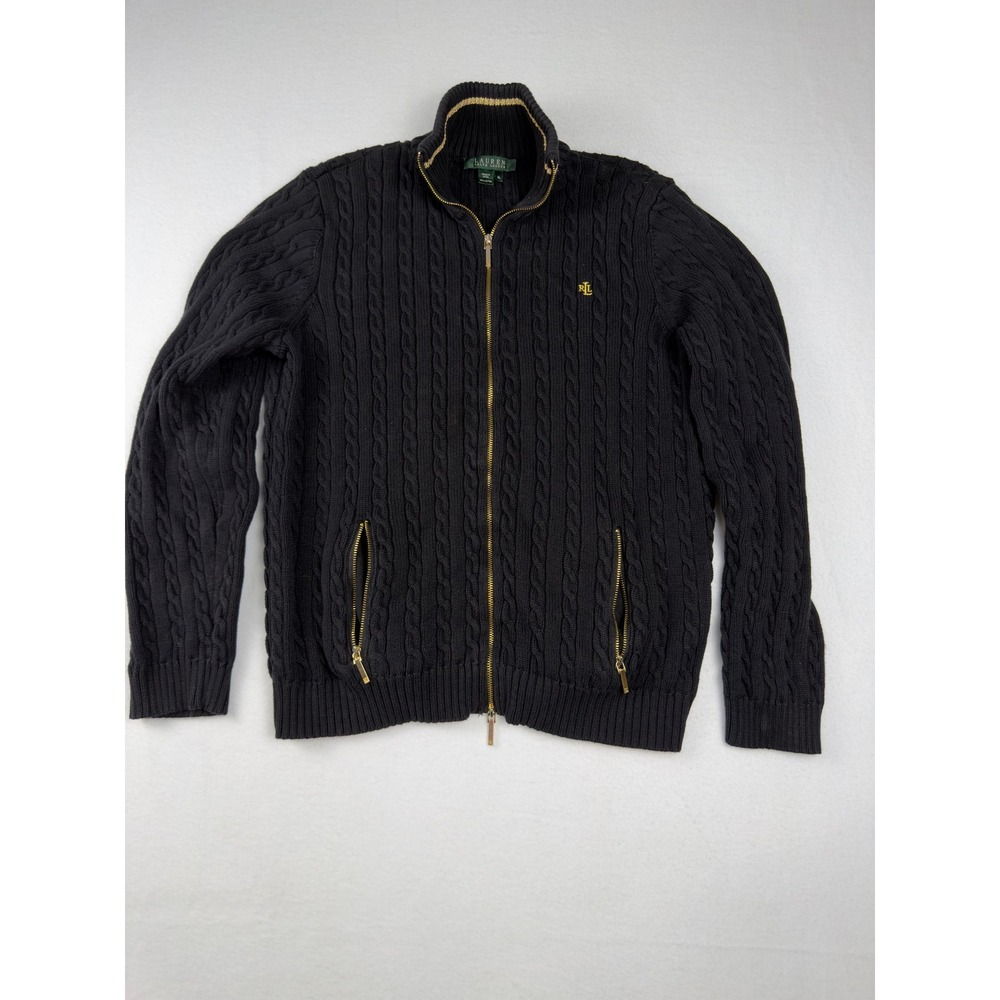 Lauren Ralph Lauren Black Cable Knit Full Zip Cardigan Sweater Gold Hardware XL